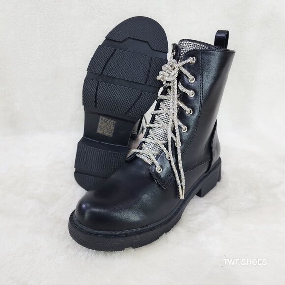Rylee Black Combat Ankle Boots Iridescent Rhinestone Tongue and Rope Laces - Picture 2 of 6